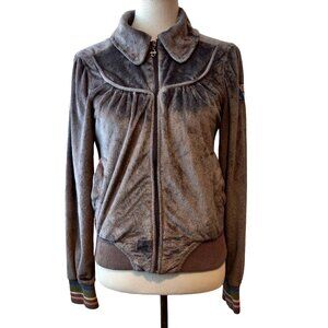 KanaBeach Circus Size 38 (S) Womens Gray Fuzzy Full Zip Embroidered Patch Jacket